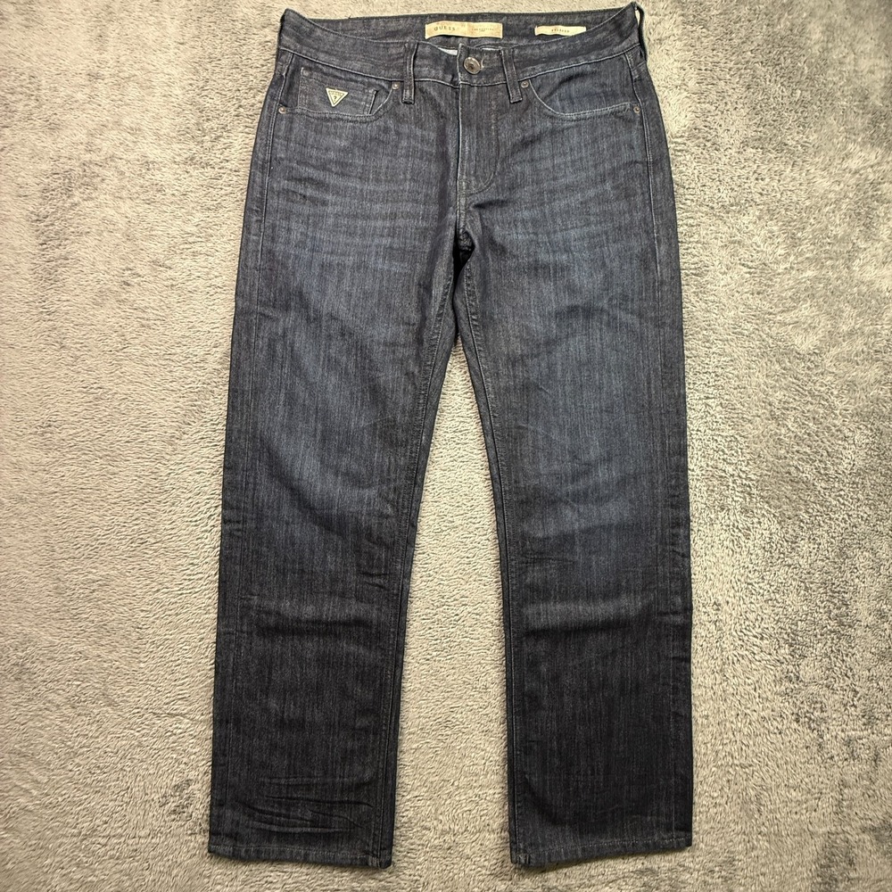 GUESS Mens Relaxed Jeans Dark Wash Raw Denim 31x30 Cotton Blend Straight Leg